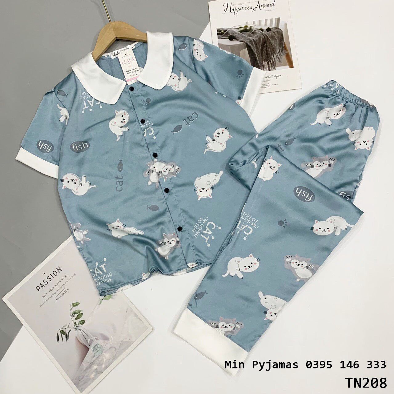 Bộ ngủ lụa satin cộc dài - bộ pyjama mặc nhà siêu mát quần dài