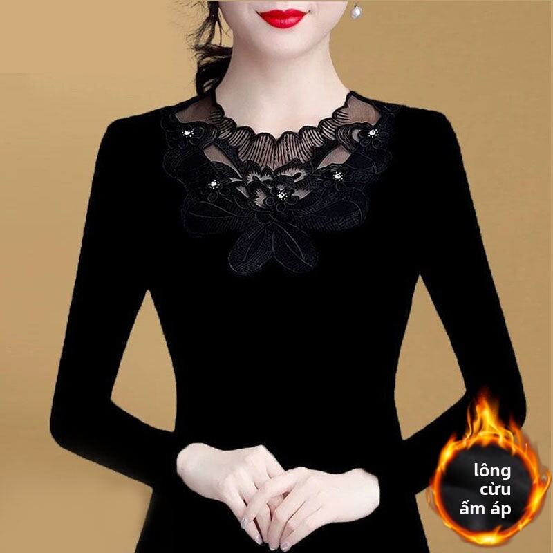 Áo Thun Dài Tay Mùa Xuân Cho Nữ Áo Sơ Mi Cổ Chữ V Dáng Rộng Thoải Mái Áo Lót Ren Khoét Sâu Áo Thun Polyester Mùa Đông