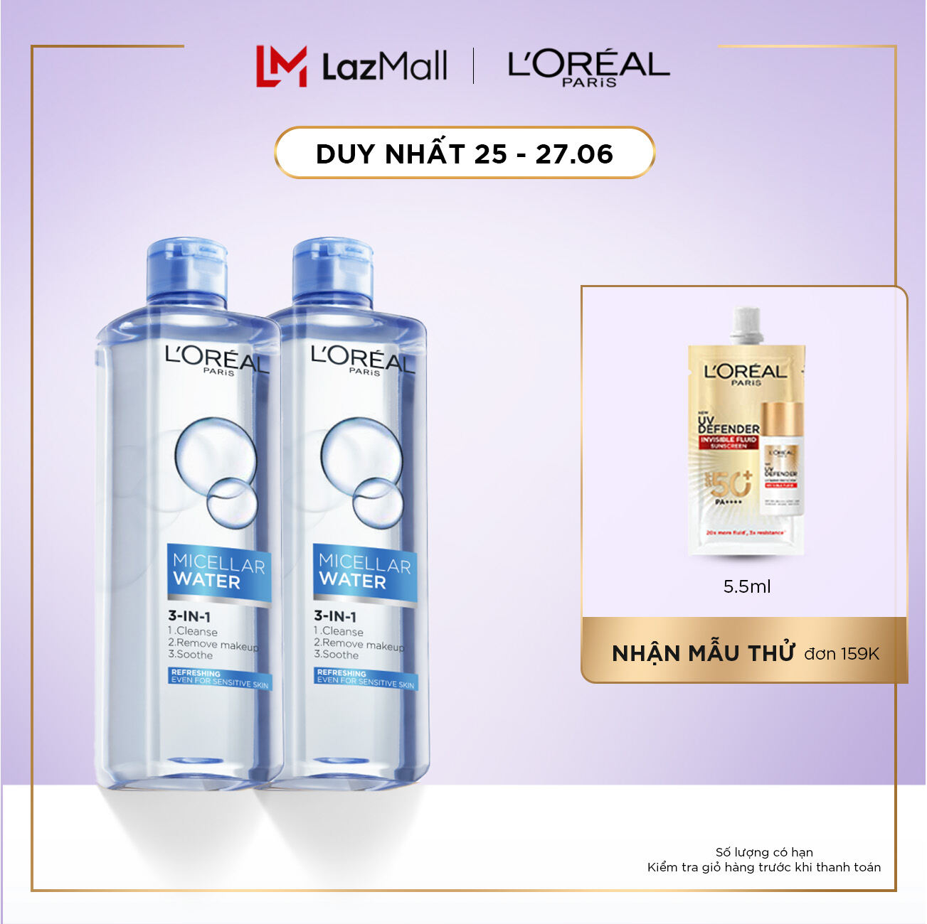 Bộ 2 nước tẩy trang tươi mát Micellar Water L'Oreal Paris 400mlx2
