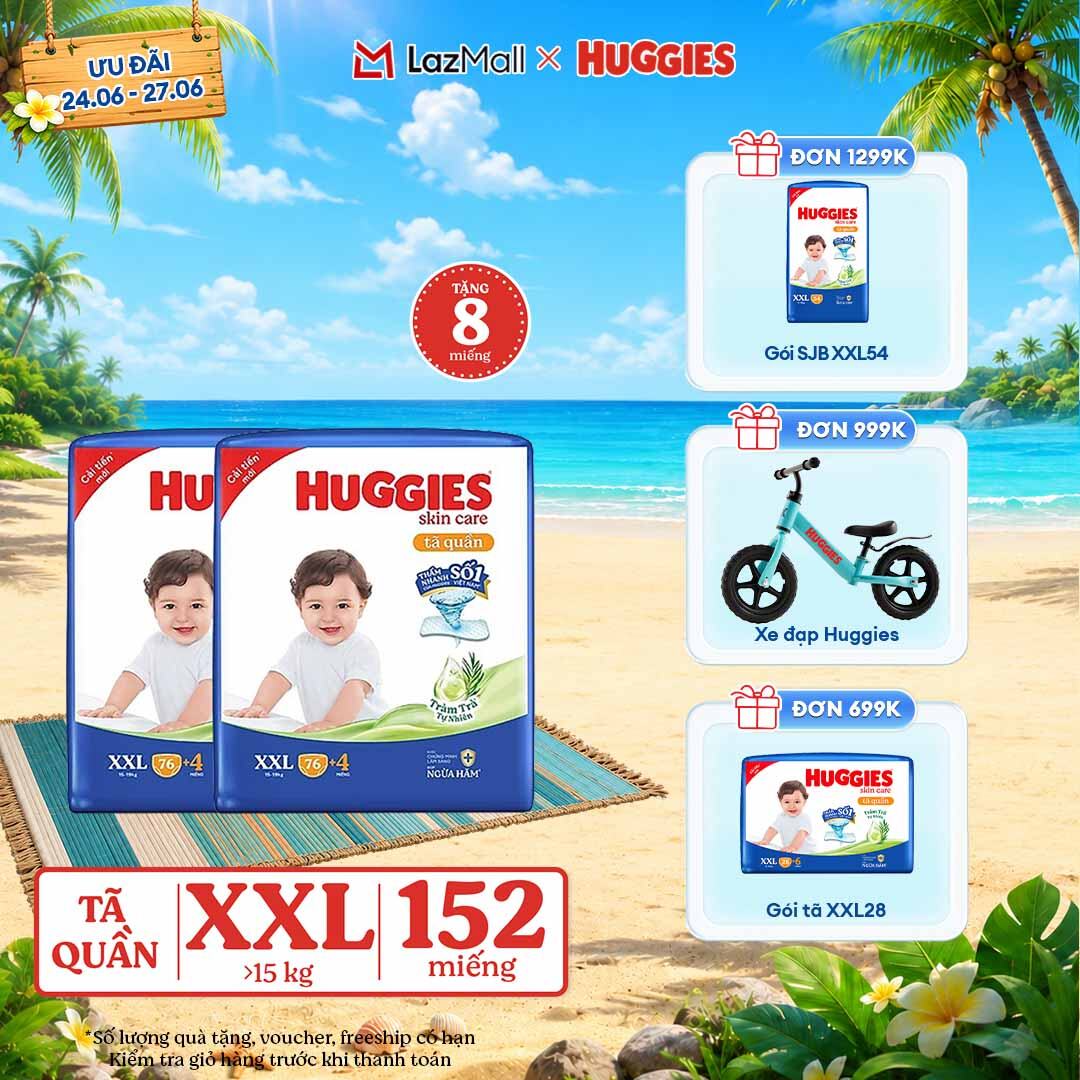 [Chỉ 25-29.06 GIẢM THÊM 90K]  Combo 2 Gói Tã/bỉm quần HUGGIES SKINCARE MEGA JUMBO size XXL76+4 miếng