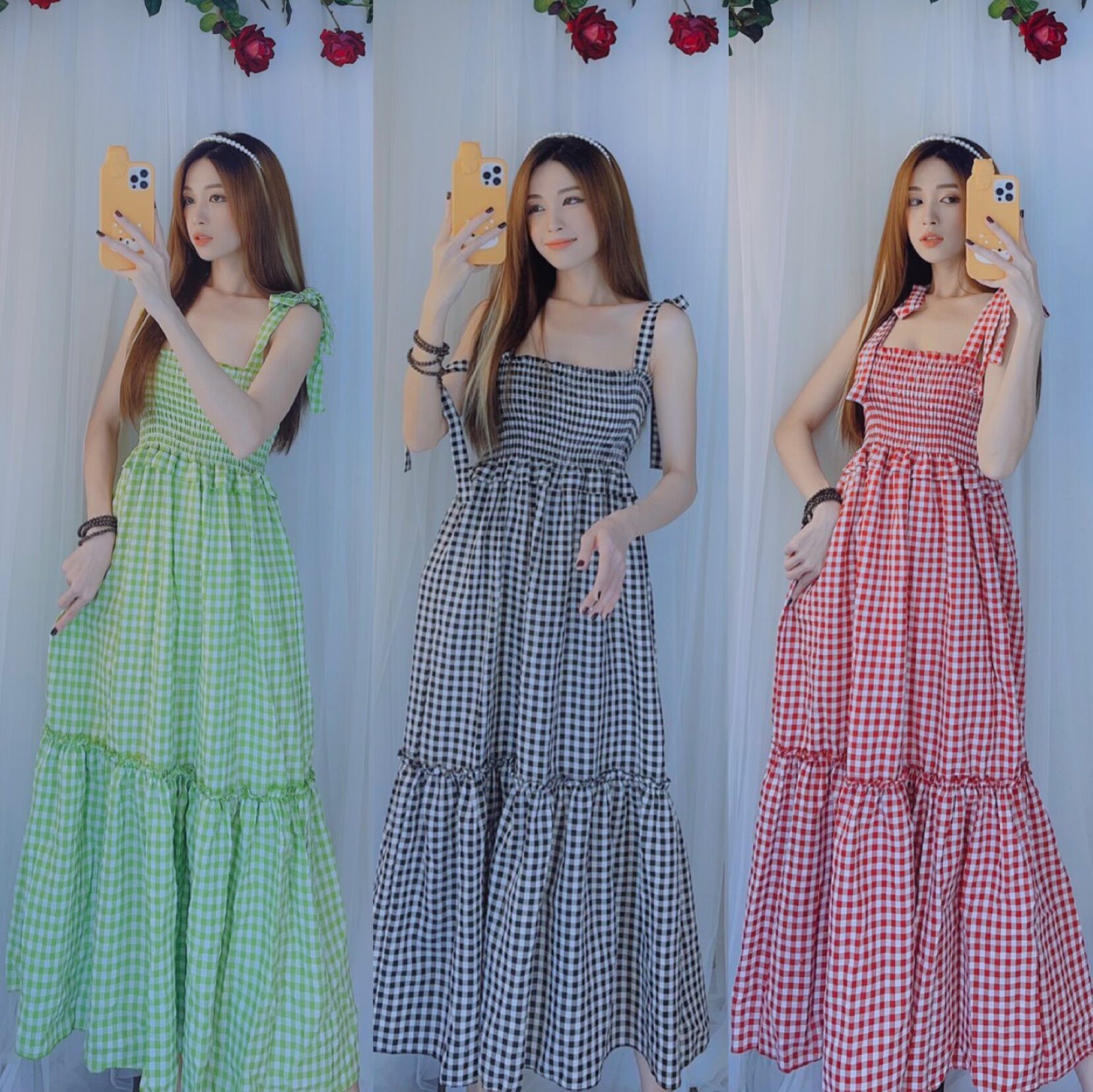 Đầm maxi hai dây cột nơ caro siêu xinh dạo phố du lịch bầu bì bon chen kèm hình thật