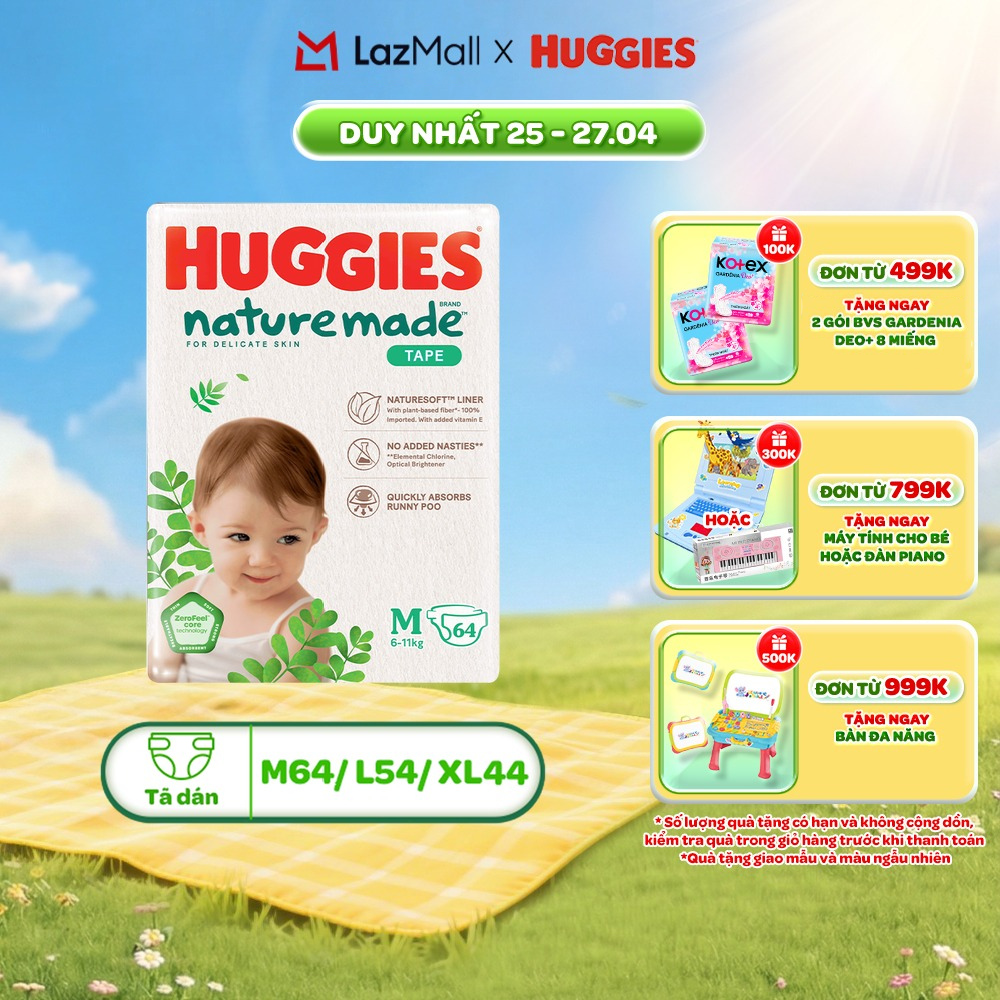 Tã/Bỉm dán Huggies NatureMade M64/L54/XL44