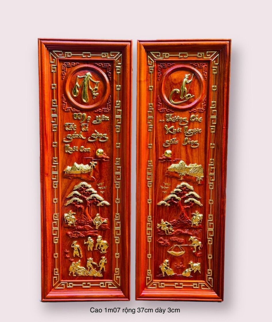 Cặp tranh câu đối khắc chữ cha mẹ bằng gỗ hương đỏ kt 37×107×3cm
