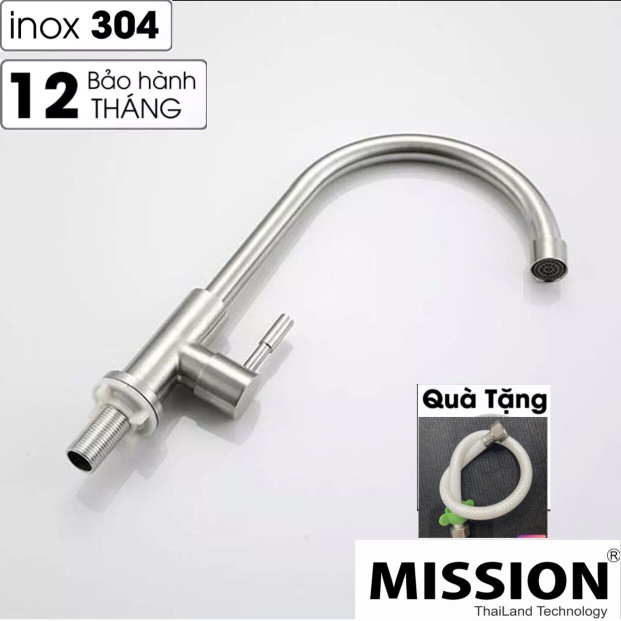 Vòi rửa chén nước lạnh 24mm inox sus 304, cần cứng xoay 360