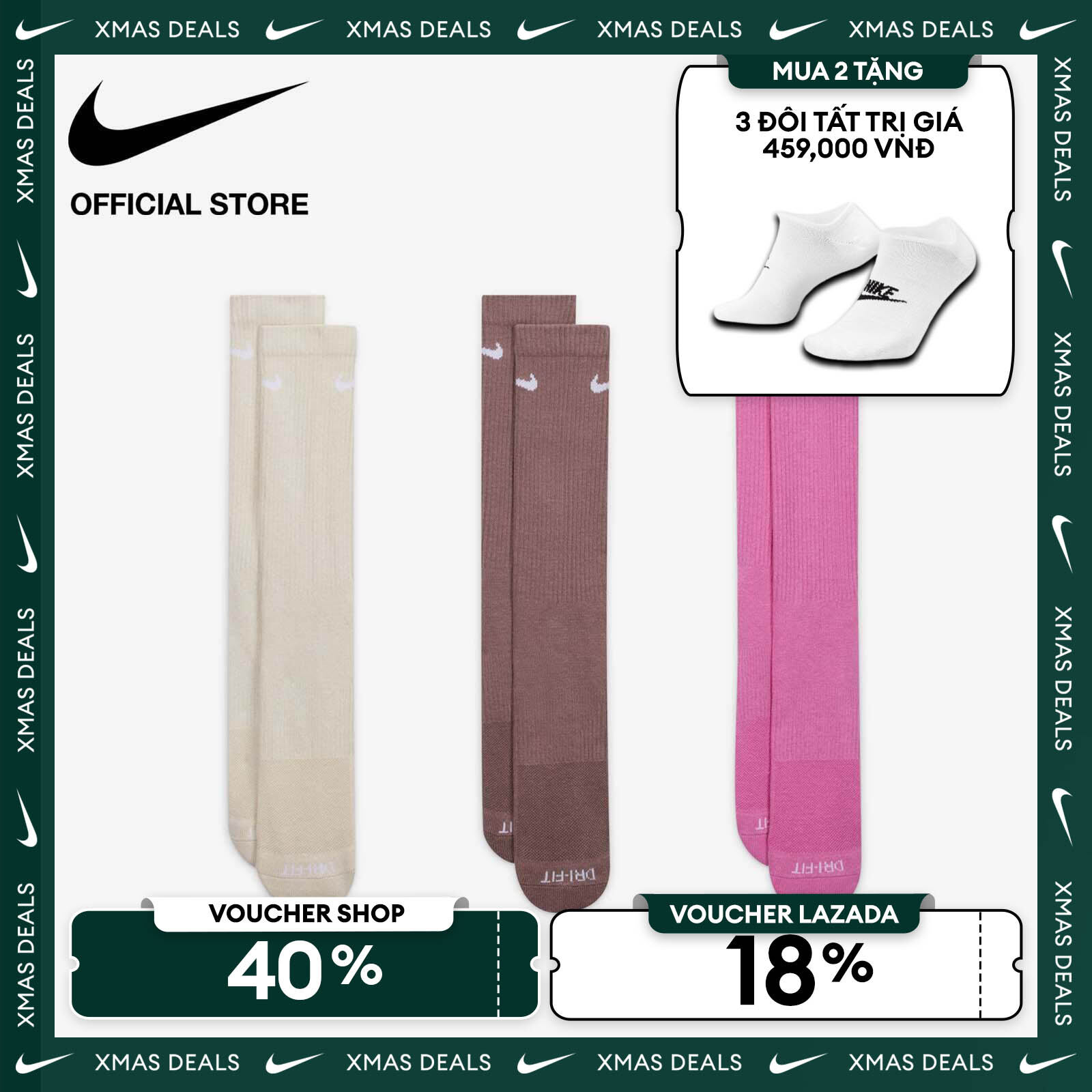   VOUCHER 40% + MUA 2 TẶNG VỚ  Tất Cổ Cao Nike Everyday Plus Cushioned Training Crew Socks  3 Pairs  - Multi-Color 