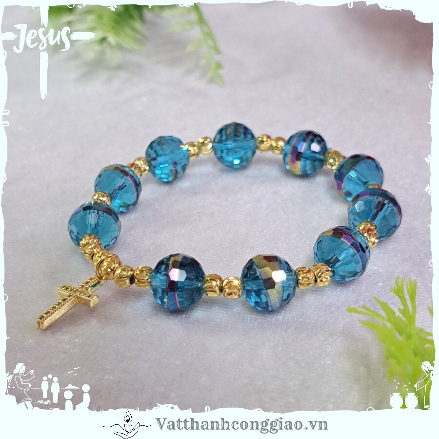 Vòng tay mân côi vật phẩm công giáo | mẫu phale xanh dương nhạt mạ điện | thánh giá titan thòng