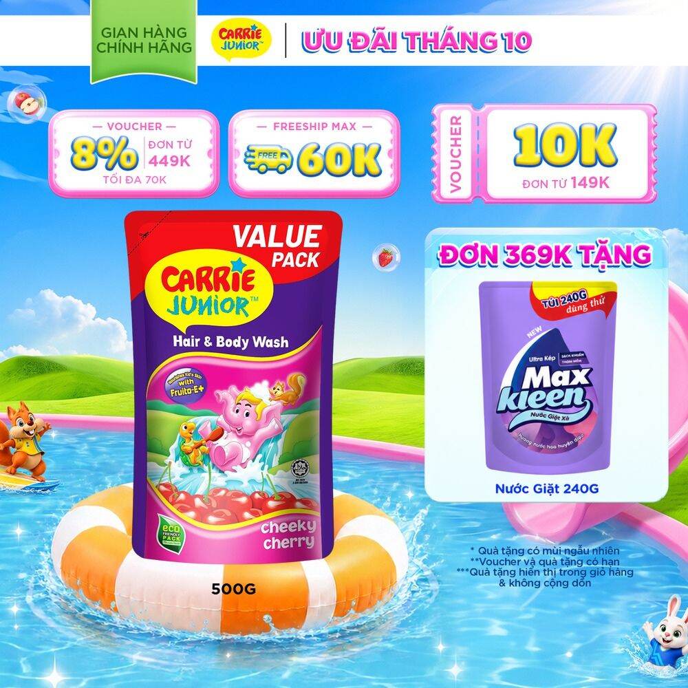 Túi Sữa Tắm Gội Cho Bé Carrie Junior chiết xuất trái cây thiên nhiên Hương Cheeky Cherry 500g
