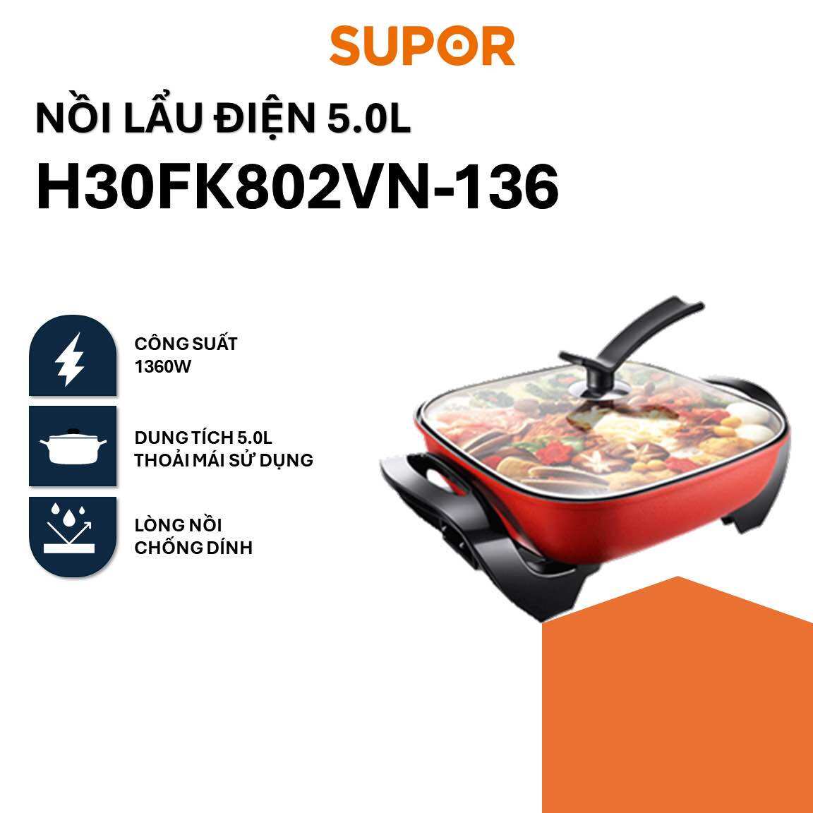 Nồi lẩu điện supor h30fk802vn-136, 5.0l