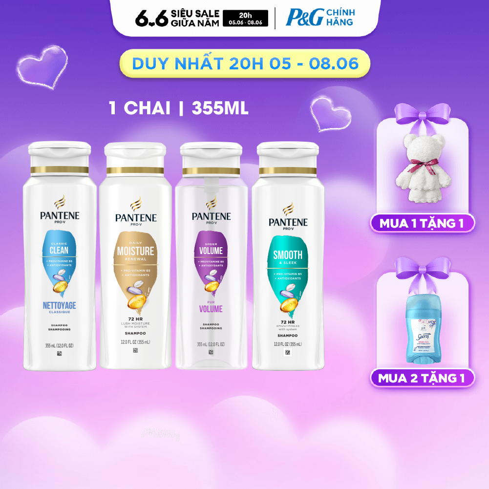 Dầu Gội PANTENE Nhập Khẩu Mỹ Hương Smooth  Sleek/ Moisture Renewal/ Smooth  Sleek/ Sheer Volume Chai 355ML