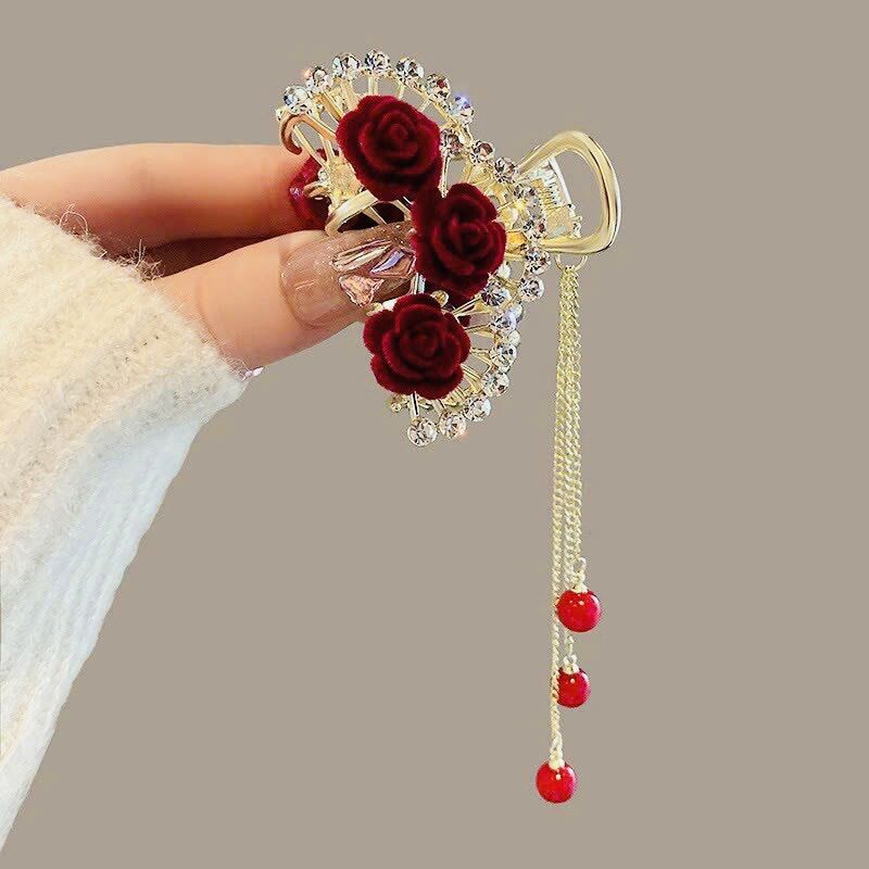 Kẹp nữa tóc hoa đỏ đính đá lấp lánh