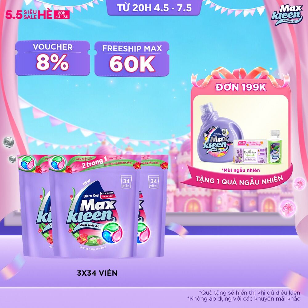 Combo 3 Túi Viên Giặt Xả MaxKleen 2 Trong 1 hương Ngày Thư Thái (34 viên/ túi)