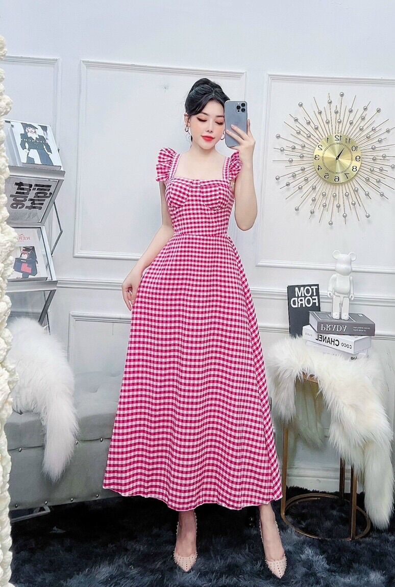 Đầm maxi caro cánh tiên có mút.
