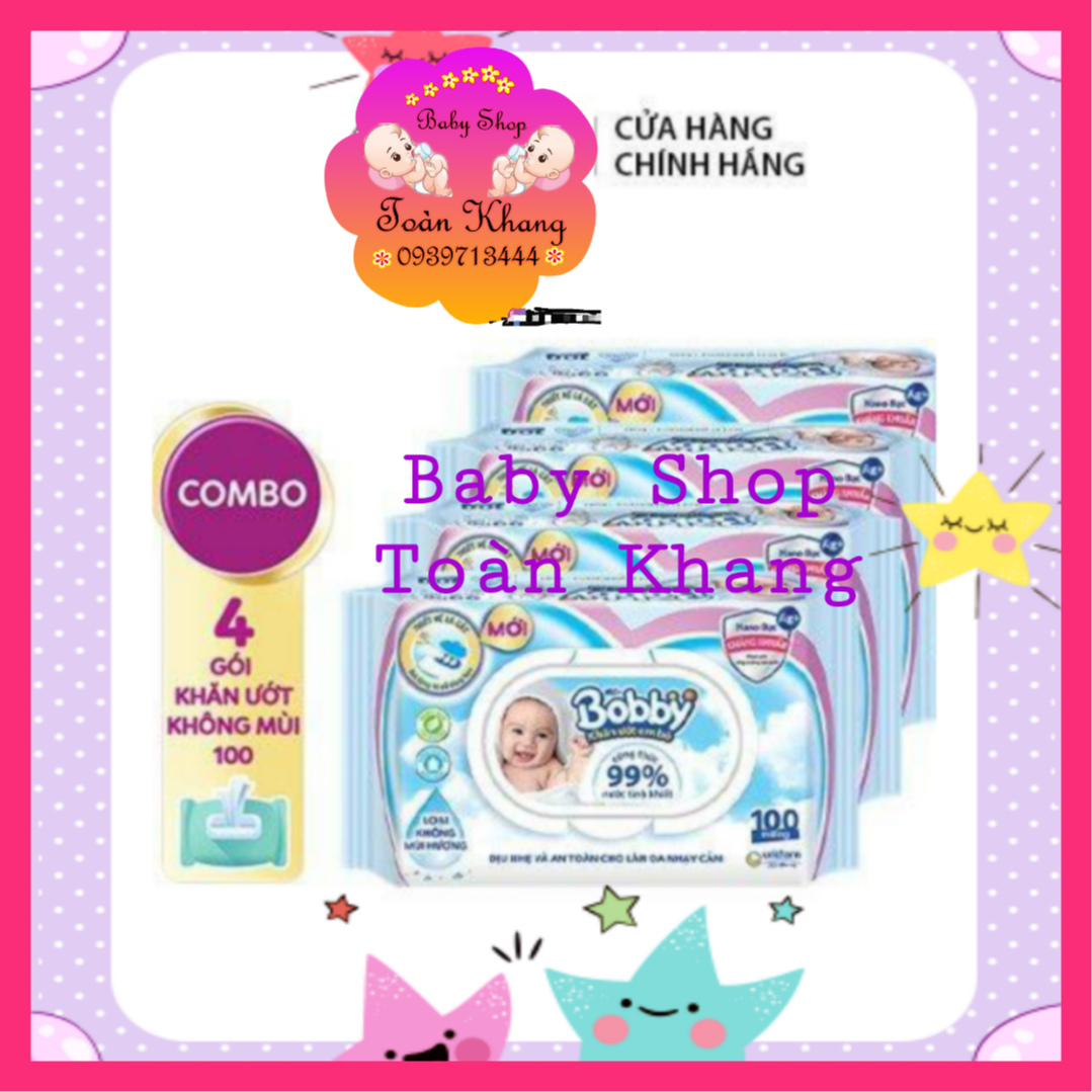 Combo 4 khăn ướt bobby 100 tờ không mùi màu xanh