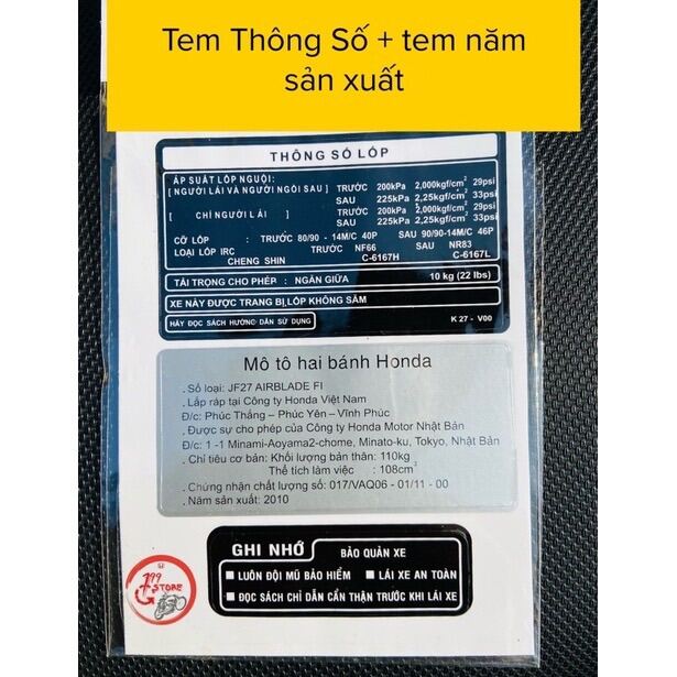 Bộ Tem Thông Số + Tem Năm Sản Xuất Honda AB 125 / FUTURE / LEAD125 / SH MODE / PCX / VISION2014 / SH