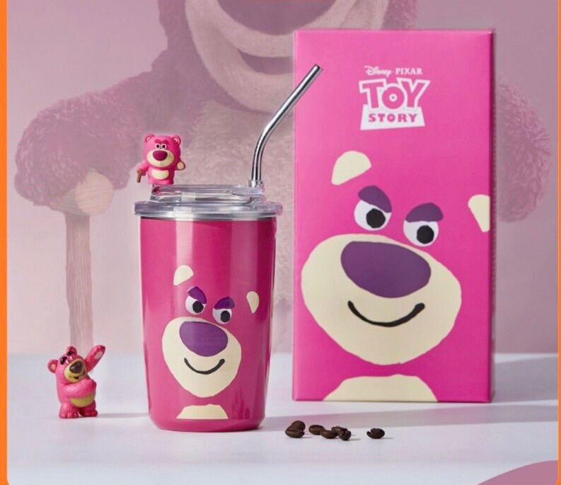 Bình Giữ Nhiệt Gấu Hống🍀FREESHIP🍀Ly Nước Gấu Dâu - Cốc Giữ Nhiệt Gấu Lotso Hồng Kèm Ống Hút