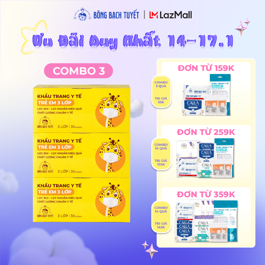Combo 3 Hộp Khẩu trang Bông Bạch Tuyết cho bé 3 lớp cho trẻ 6 - 11 tuổi (30 cái/hộp) (Trắng)