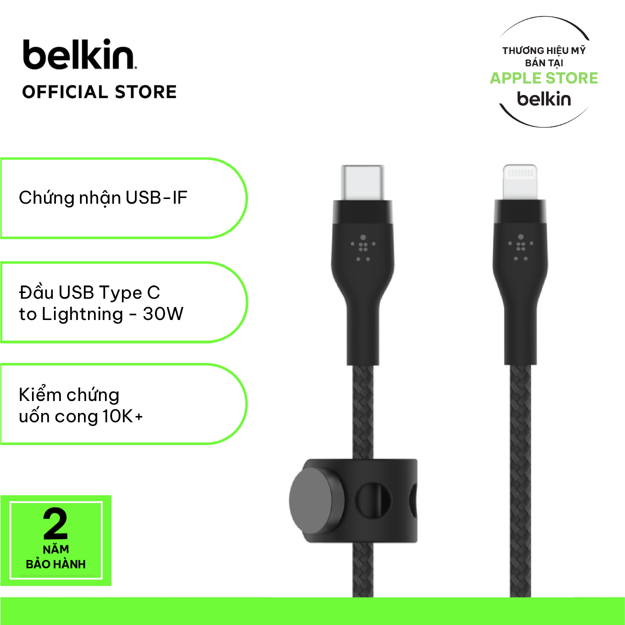 Cáp sạc usb-c to lightning boost↑charge™ pro flex belkin vỏ silicone bọc dù 60w 1m/2m - bảo hành 5 năm - caa011bt
