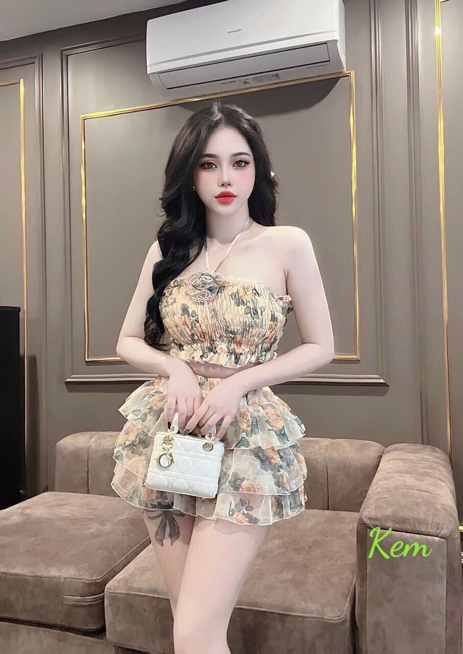 Set áo yếm hoa mocking kèm chân váy - Bộ 2 món áo yếm hoa chân váy tầng có lót