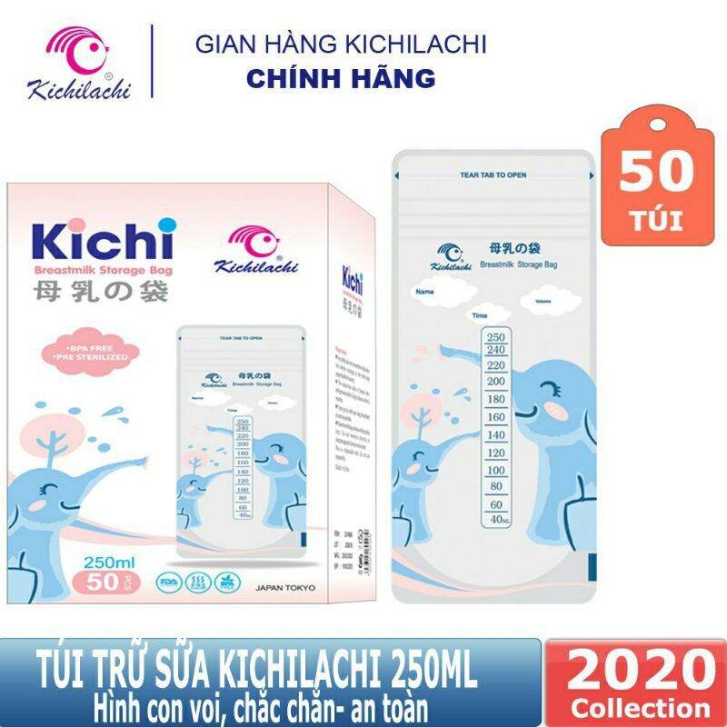 Hộp 50 túi trữ sữa Kichilachi 250ml / mẫu Voi