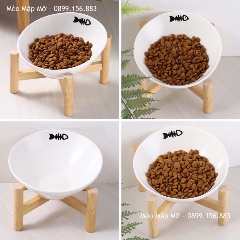 Chén ăn chống gù cho chó, mèo bát sứ đế gỗ