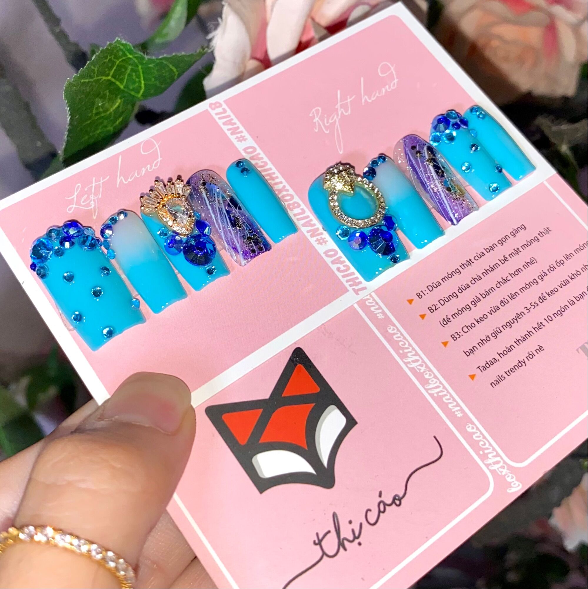 [Nails box ] Móng úp giả thiết kế tone xanh đính đá