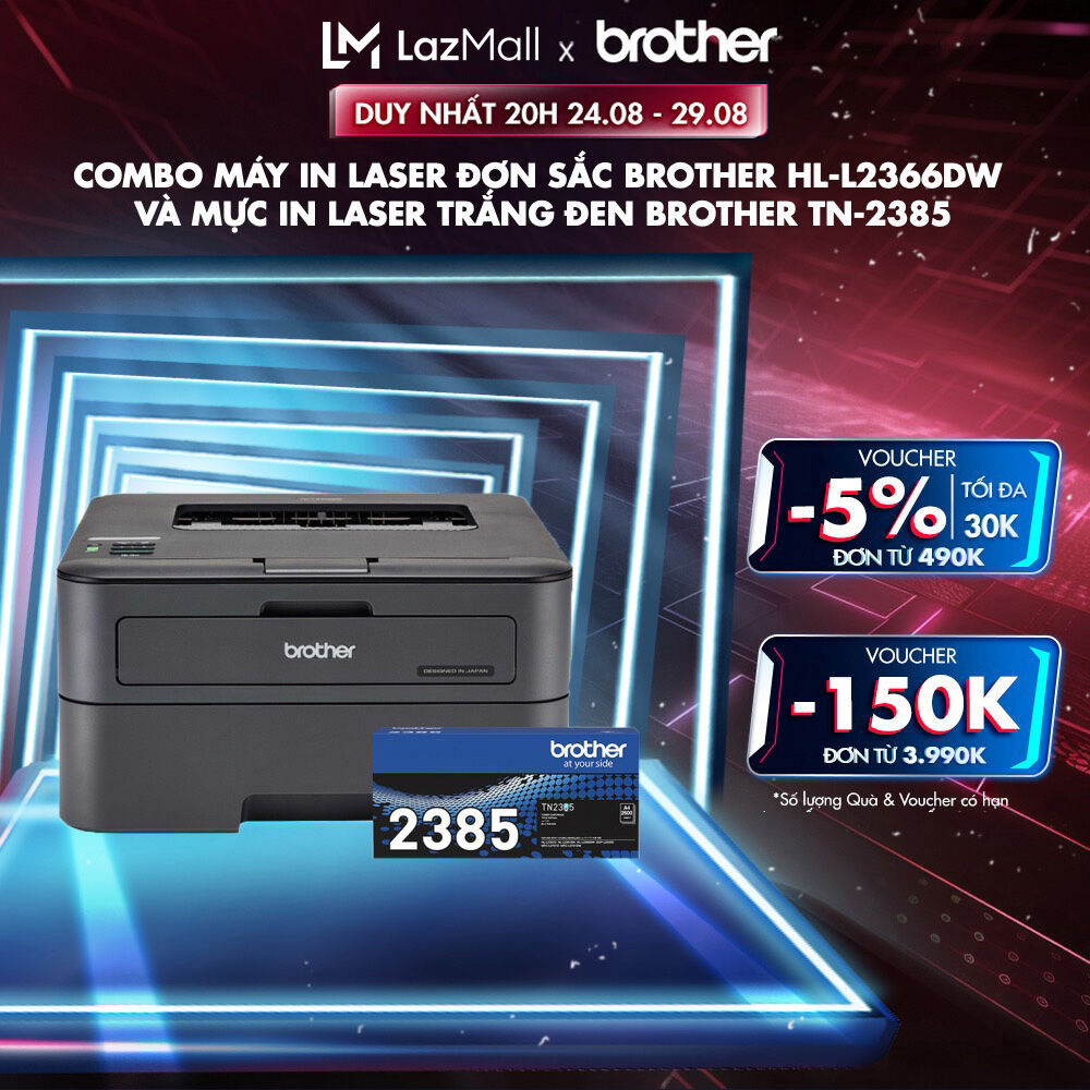 Combo máy in laser đơn sắc brother hl-l2366dw và mực in laser trắng đen brother tn-2385