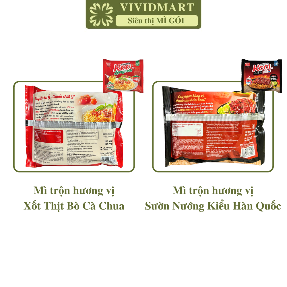 [1 PACKAGE] - AFOTECH - CUNG DINH KOOL INSTANT NOODLES WITH 3 FLAVOURS: SPAGHETTI WITH BEEF TOMATO SAUCE, KOREAN-STYLE BBQ GRILLED RIBS, SINGAPORED-STYLE SHRIMP & SALTED EGGS (90-105G/PACKAGE)