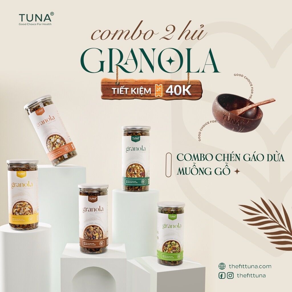 Combo 2 hũ granola ngũ cốc ăn kiêng 500gr tuỳ chọn tặng 1 chén gáo dừa + muỗng