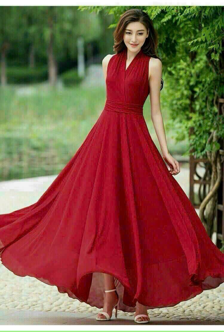 Đầm maxi cổ V sát nách đai eo xếp li