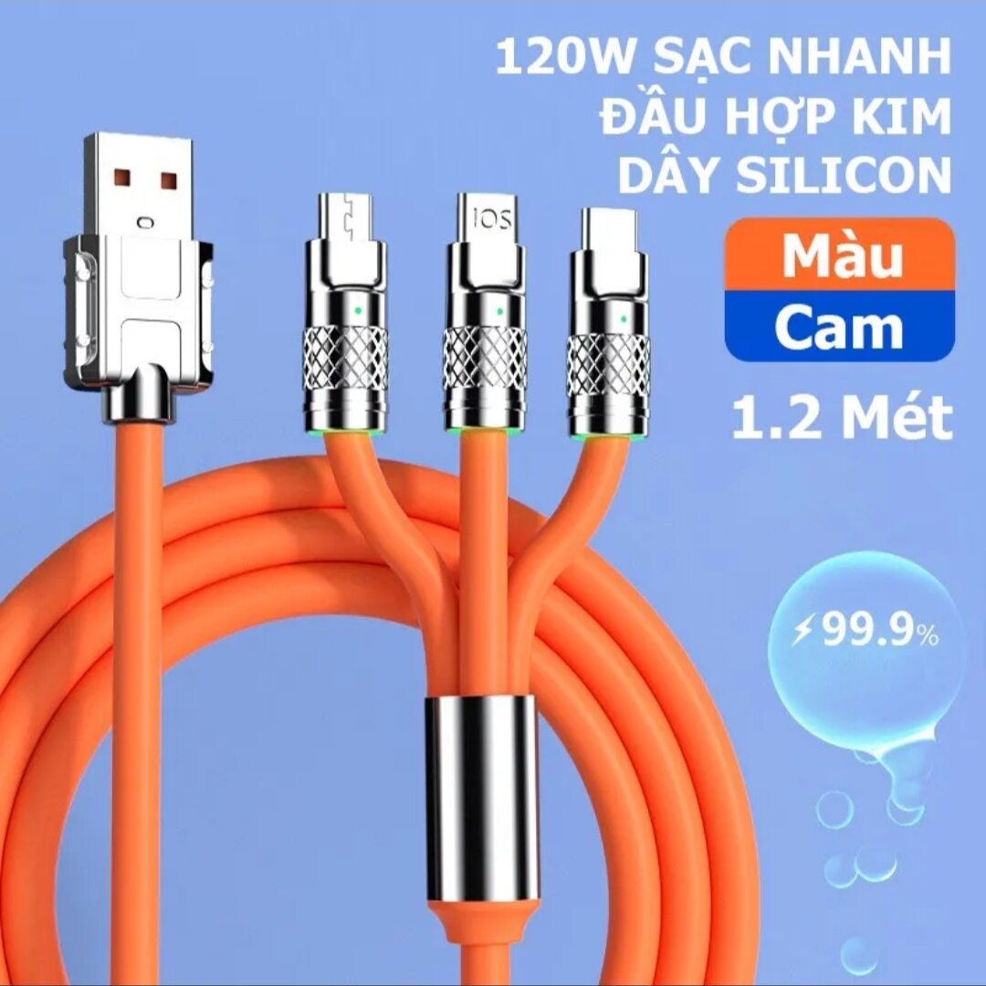 Cáp sạc nhanh 3 đầu 120w siêu bền .đầu bọc hợp kim kẽm dây silicon