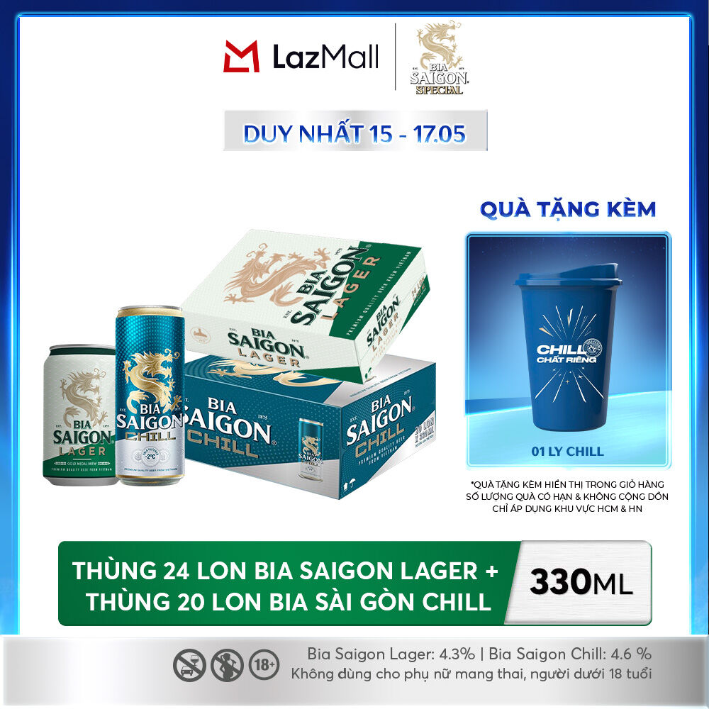 Nồng Độ Cồn 4.3% - Combo 1 Bia Saigon Lager 330ml + Nồng Độ Cồn 4.6% - 1 Bia Sài Gòn Chill 20 Lon 330ml