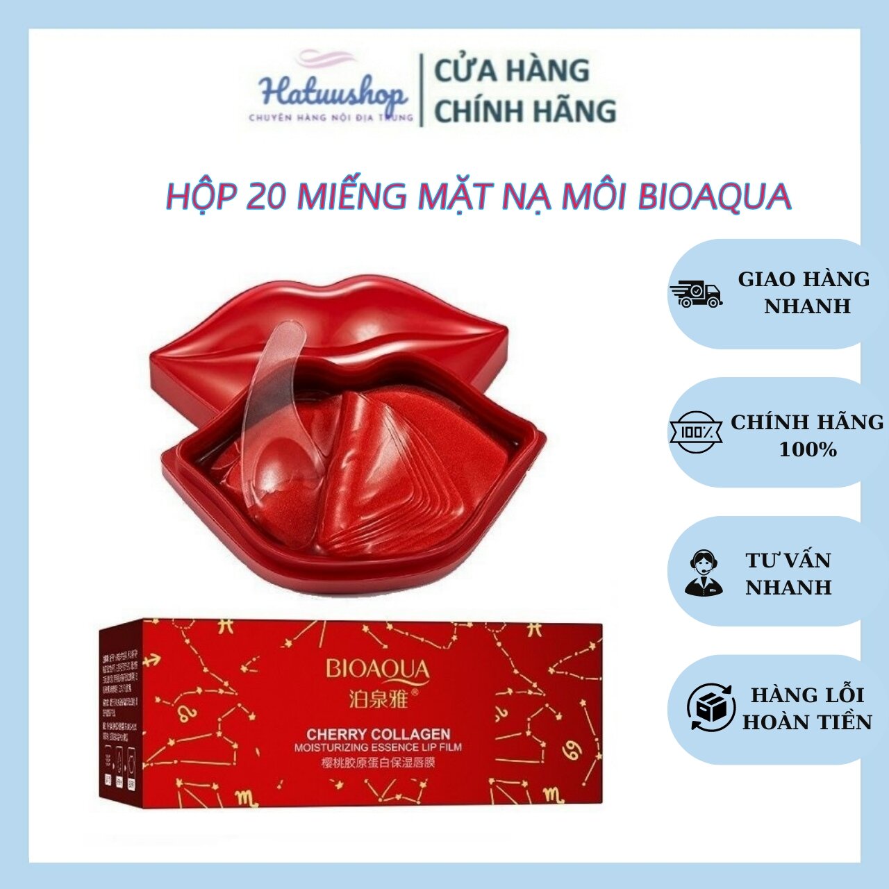 Hộp 20 Miếng Mặt Nạ Dưỡng Môi Bioaqua Chiết Xuất Từ Hoa Hồng