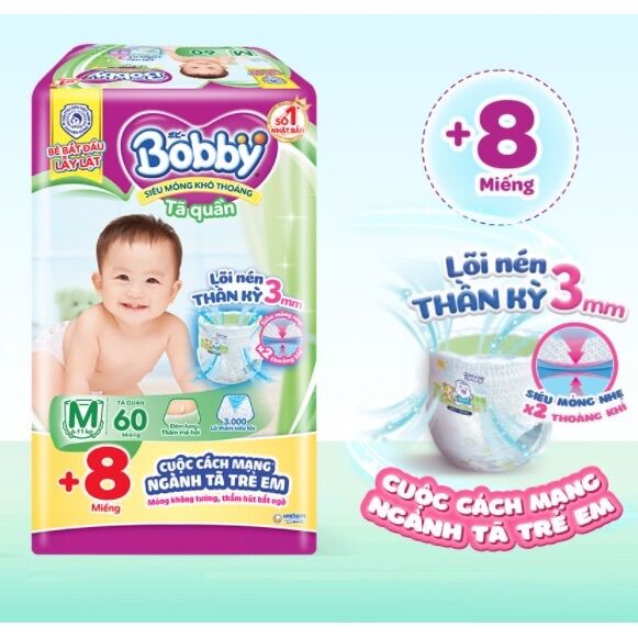 Tã quần bobby M60 tặng 8 là 68 miếng mẫu lõi nén
