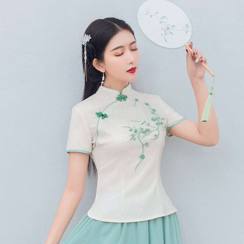 New Chinese Style Small Shirt Women's Short Sleeve Stand Collar Embroidery Buckle Improved Cheongsam Top Republic of China Style Retro Shirt Women's