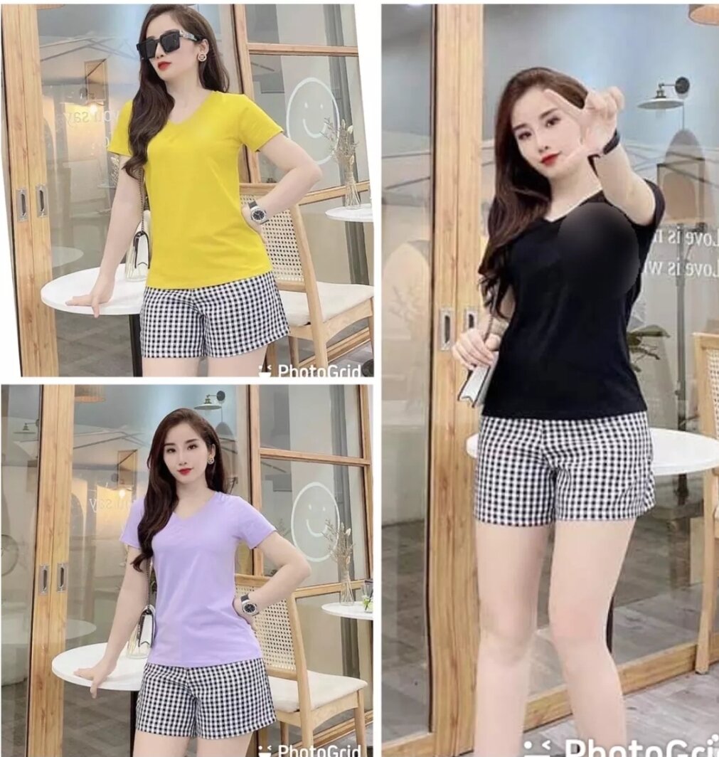 Set áo thun cổ tim và quần short size L, XL
