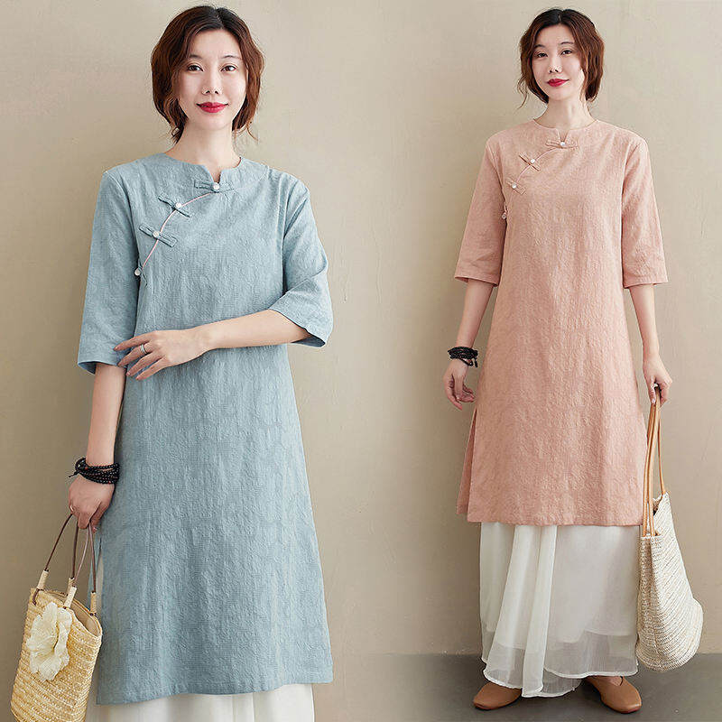 Trang Phục Mùa Xuân 2022 Váy Liền Tay Lỡ Cổ Đứng Cotton Lanh Dệt Hoa Cho Nữ Mẫu Mới Sườn Xám Cách Tân Văn Nghệ Cổ Điển Váy Dài Vừa