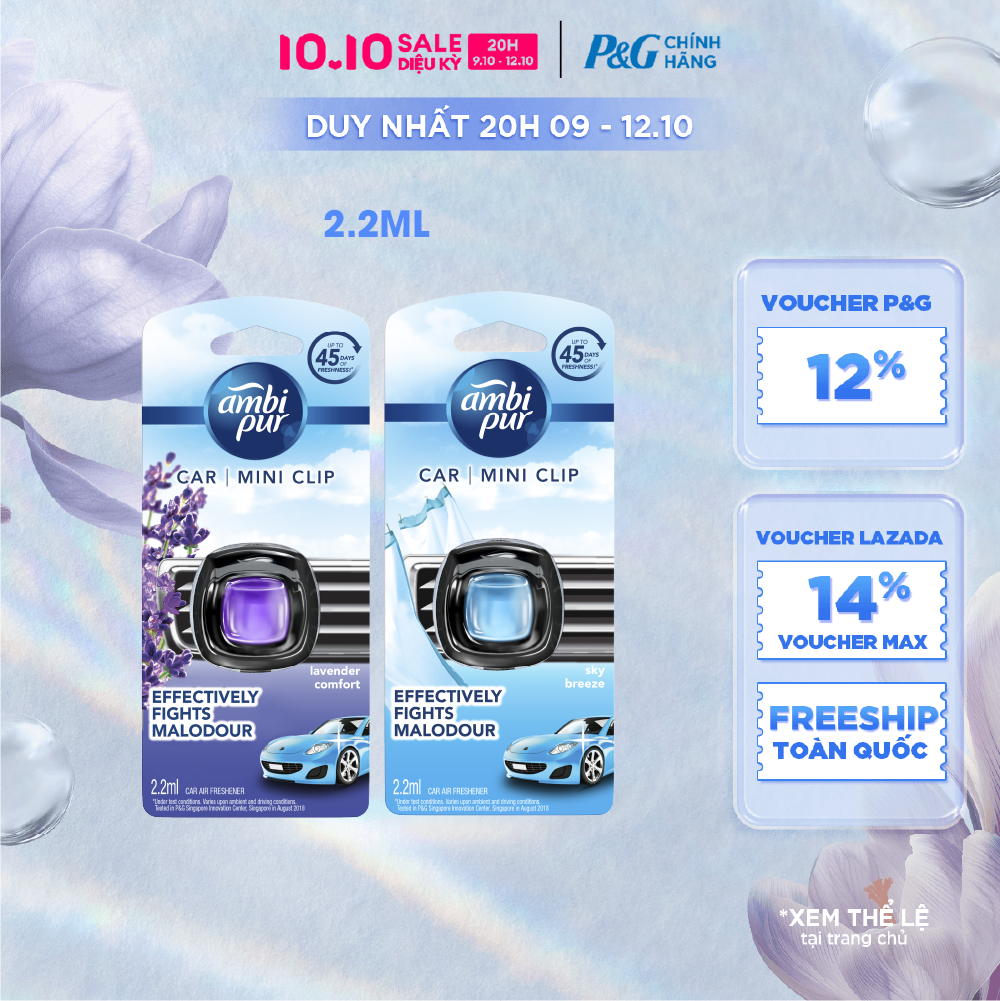 [Voucher 12%] Combo 2 Nước Hoa Ô Tô AMBI PUR Khử Mùi Khó Chịu Hương Oải Hương/ Tươi Mát Cái 2.2ML