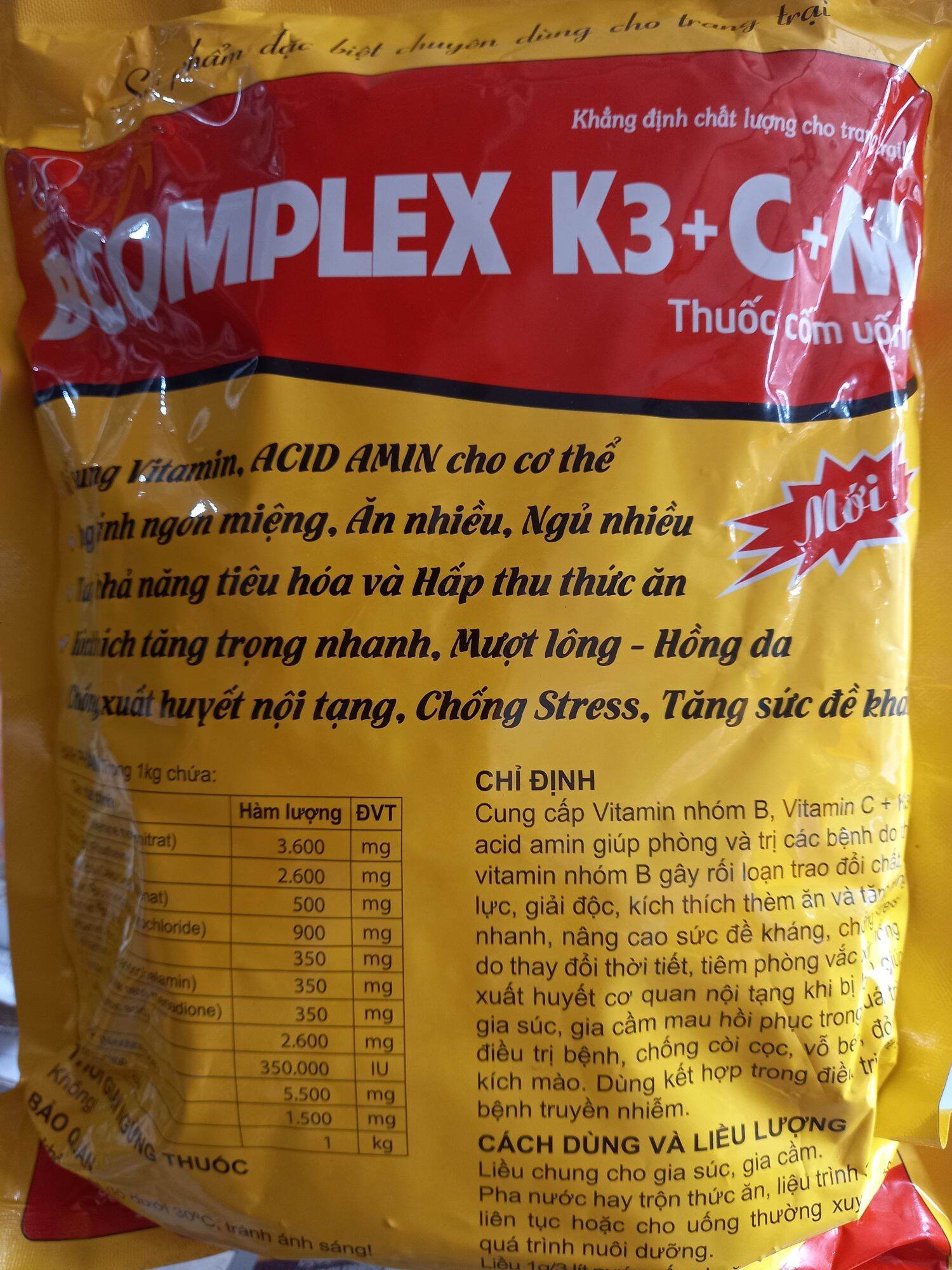 Bcomplex K3+C+M dạng cốm bổ siêu tan dùng cho gia súc, gia cầm