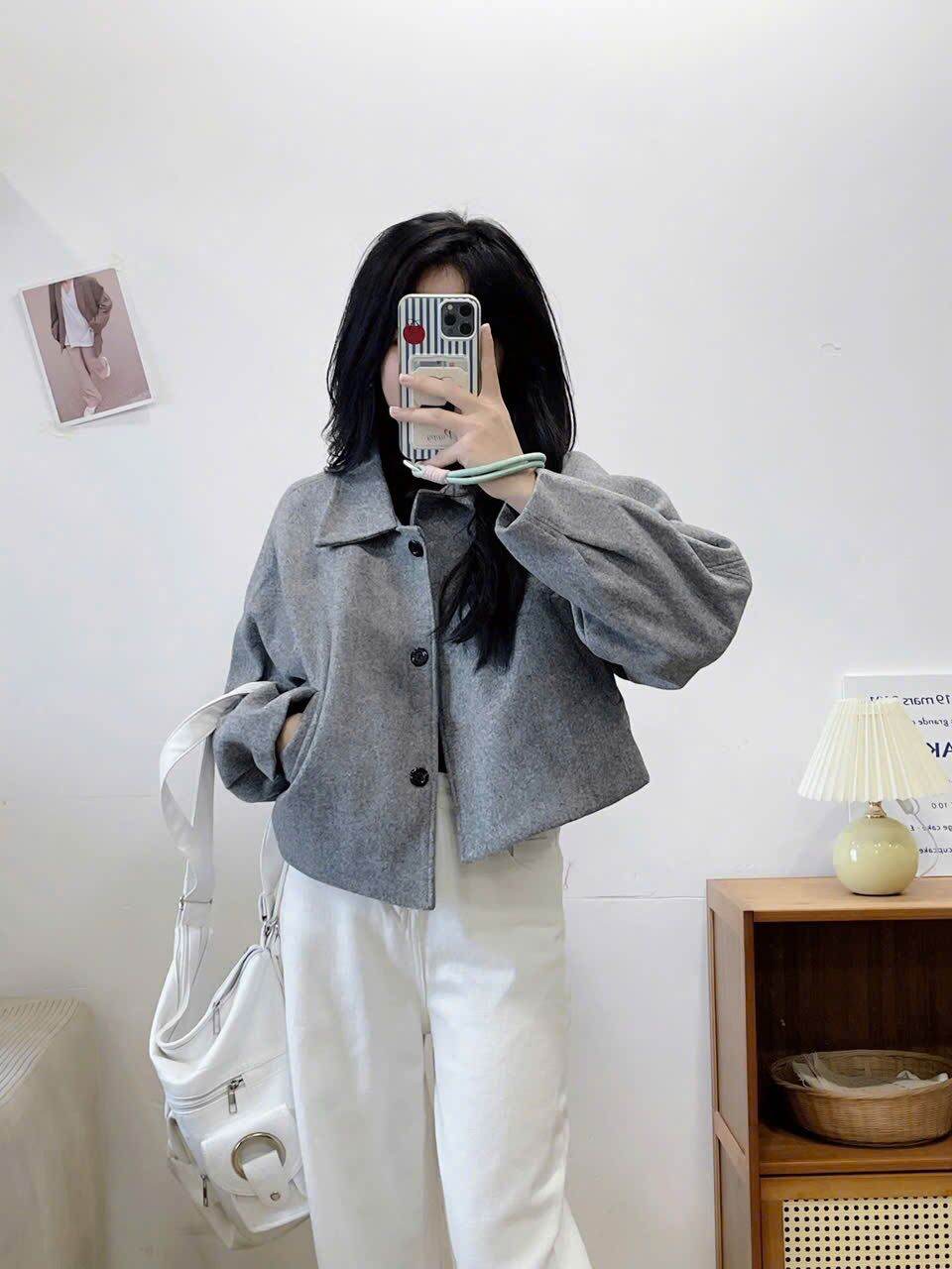 Áo khoác dạ ép 2 lớp croptop tay phồng Hàn Quốc nữ - Women Jacket Voi