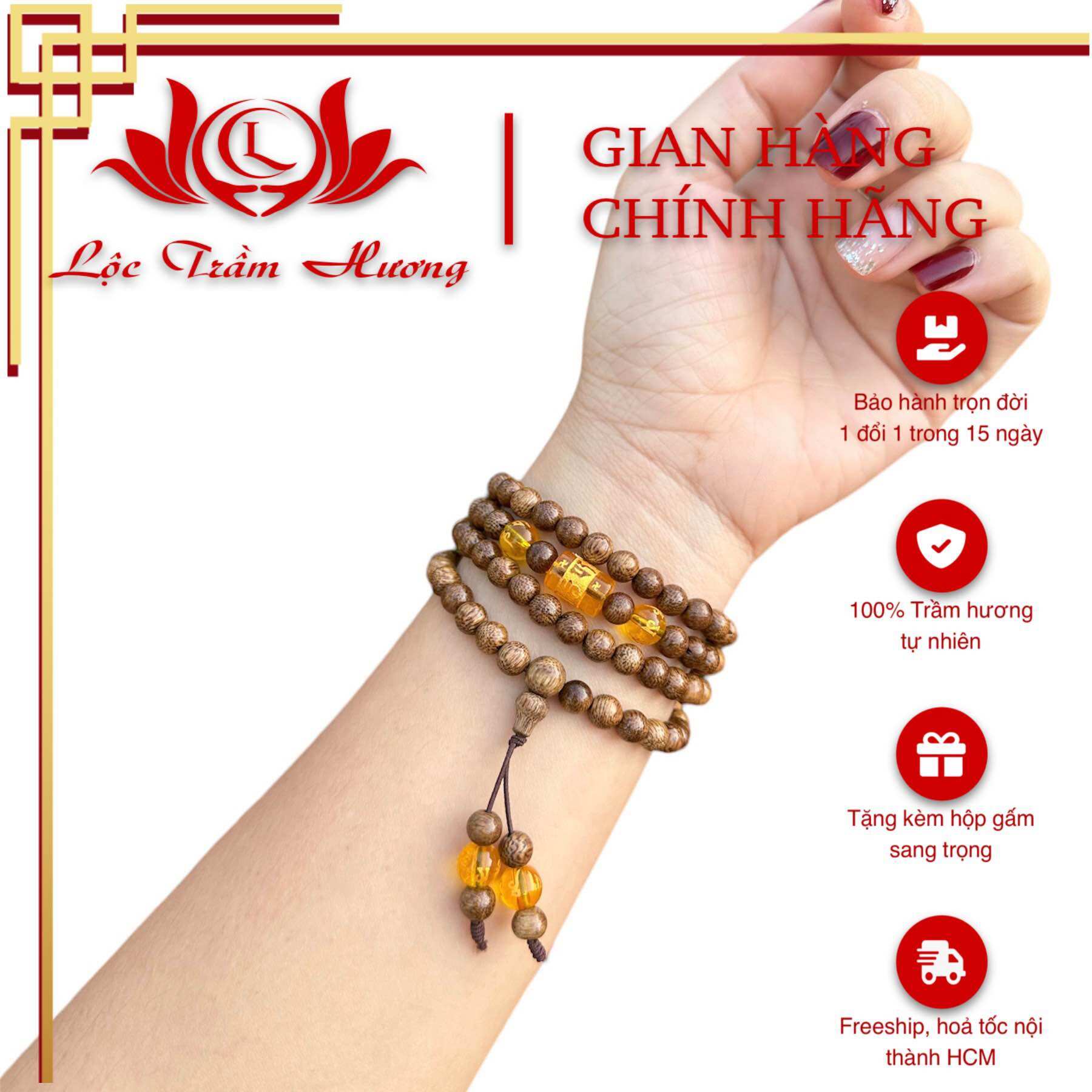 Chuỗi vòng đeo tay trầm hương mix kèm đá trụ ngũ bảo trợ mệnh