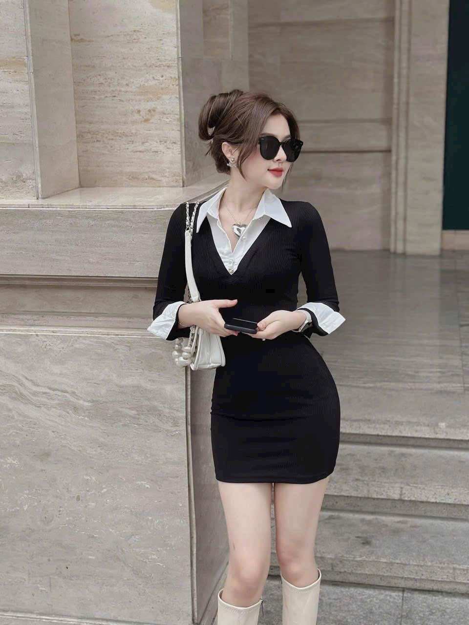 Đầm body đen phối cổ sơ mi dpsm9
