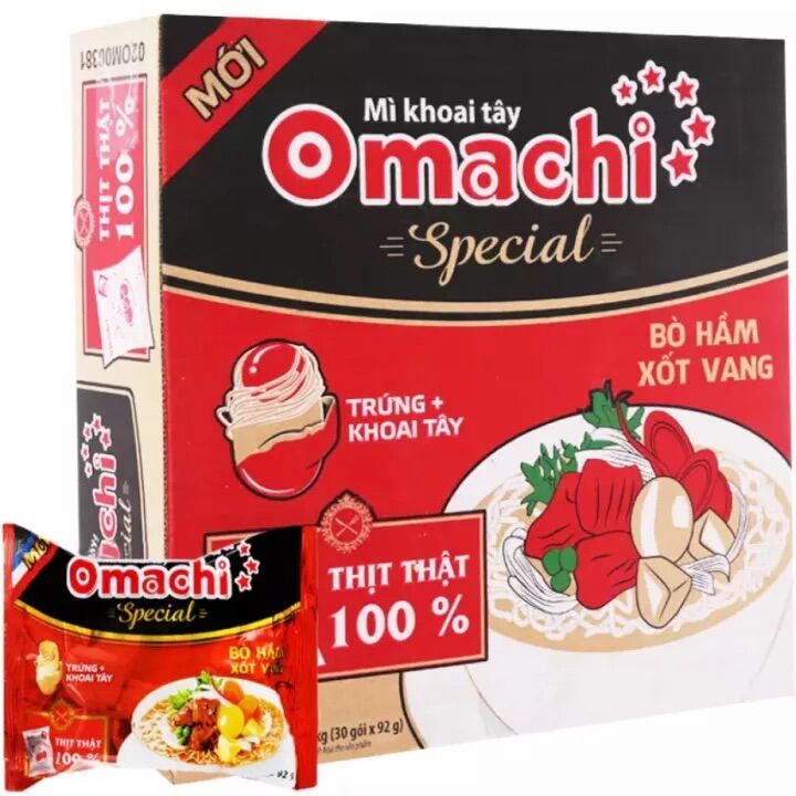 Mì omachi special bò hầm sốt vang thịt thật 92g thùng 30 gói . Date mới