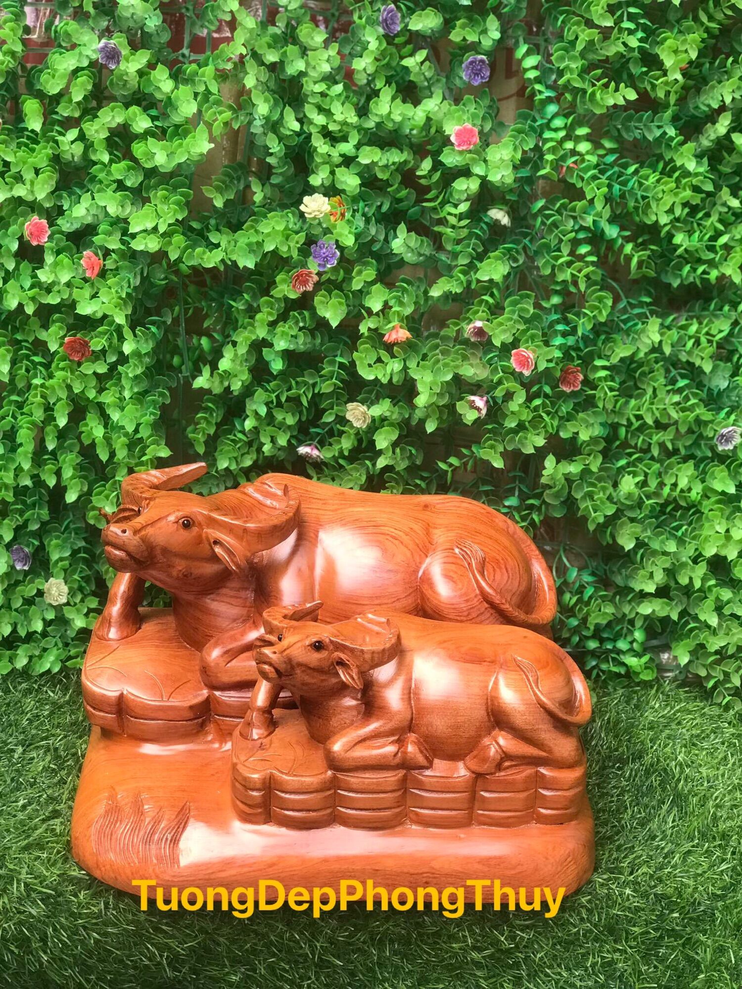 Tượng trâu đôi phong thủy gỗ hương kt 30/25/16