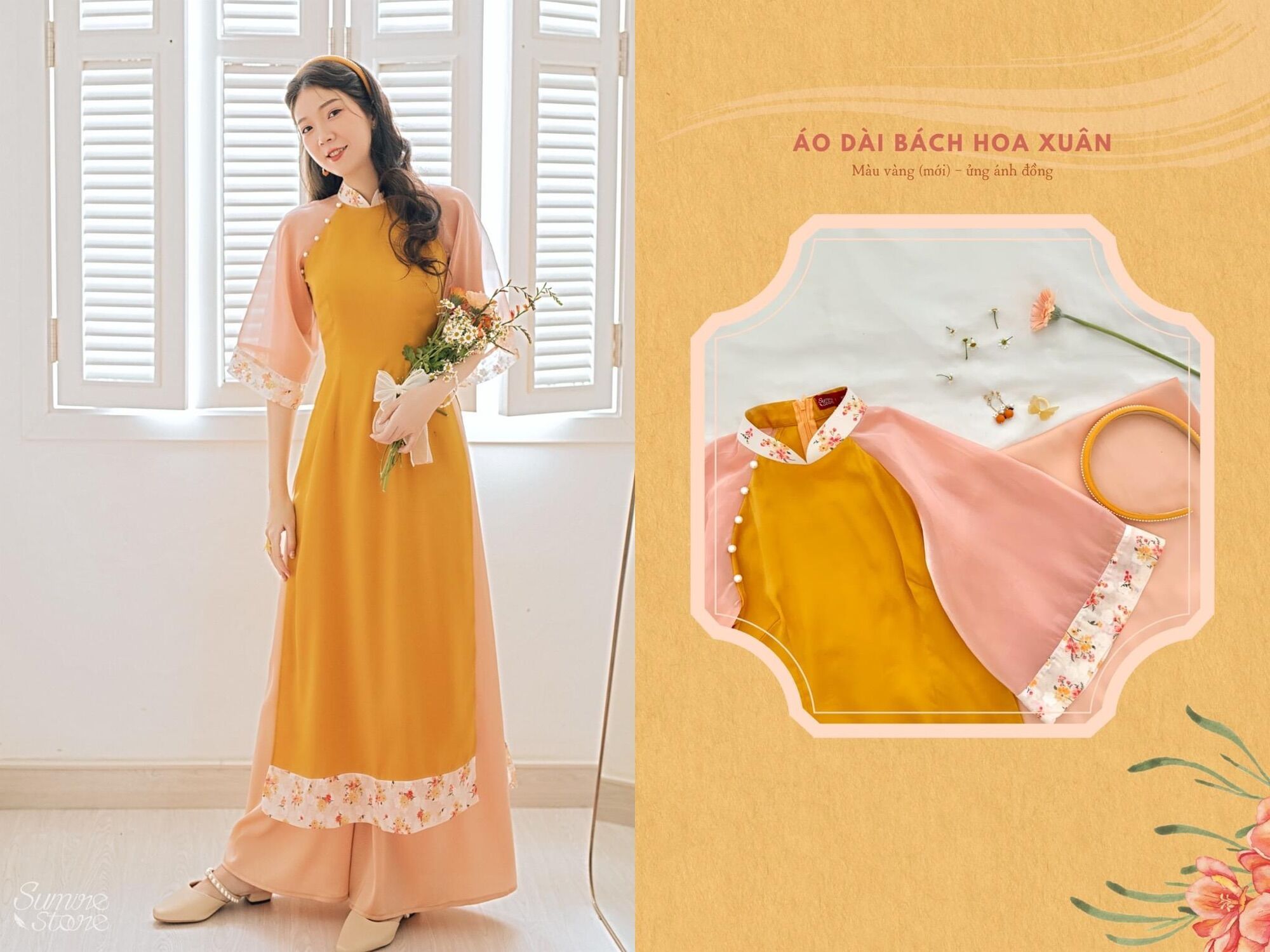Áo Dài Cách Tân Lụa Phối Hoa Nhí Mới Lạ [BHX_Vàng]