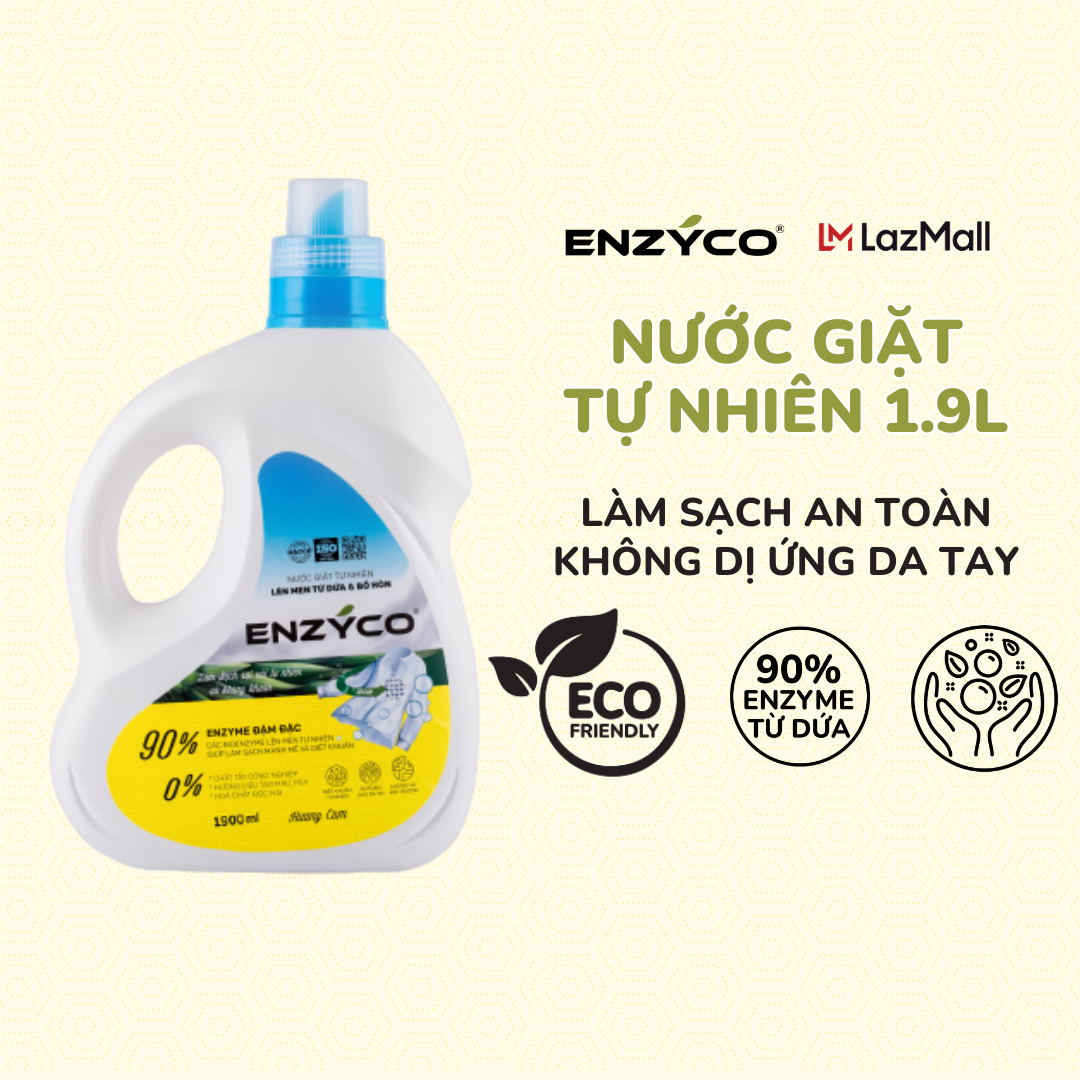 Nước giặt sinh học ENZYCO chai 1L9 - 90% Enzyme từ dứa thân thiện môi trường, an toàn dành cho da nhạy cảm - Hương cam