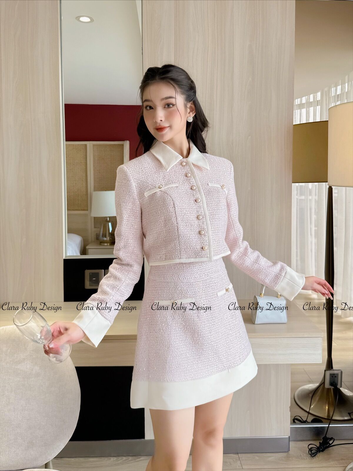 Set dạ tweed Blink màu hồng Jacket by Clara Ruby