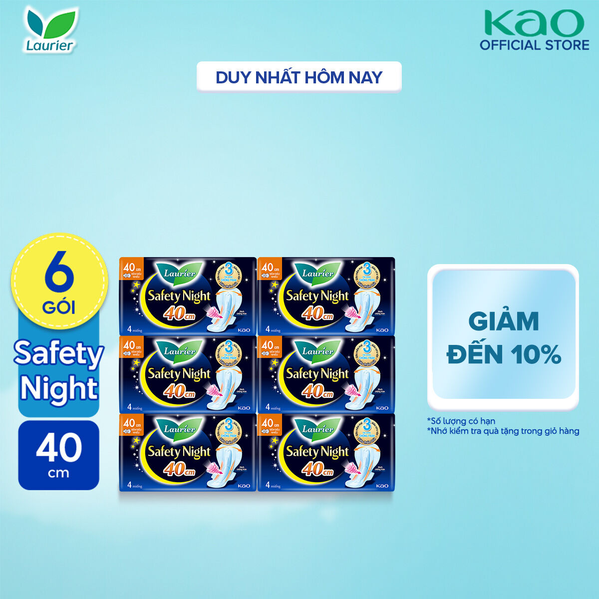 Combo 6 gói Băng vệ sinh Laurier Safety Night Đêm Siêu An Toàn 40cm 4 miếng