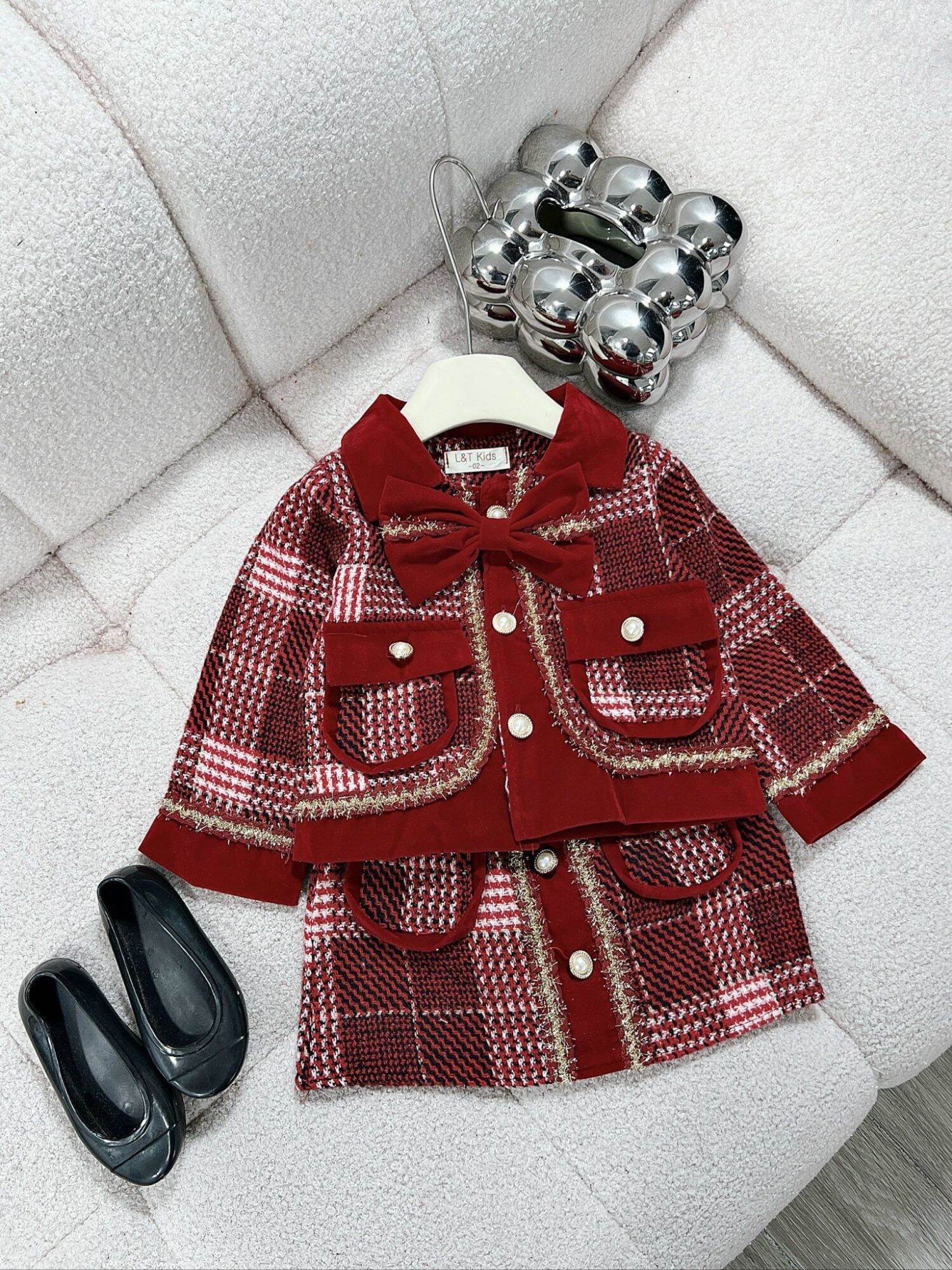 Set (8_30kg) dạ kẻ phối nhung nơ sang chảnh bé gái