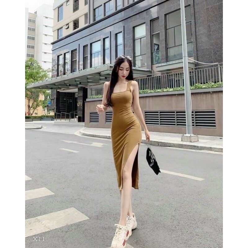 H7- đầm body 2 dây bản lớn, xẻ đùi