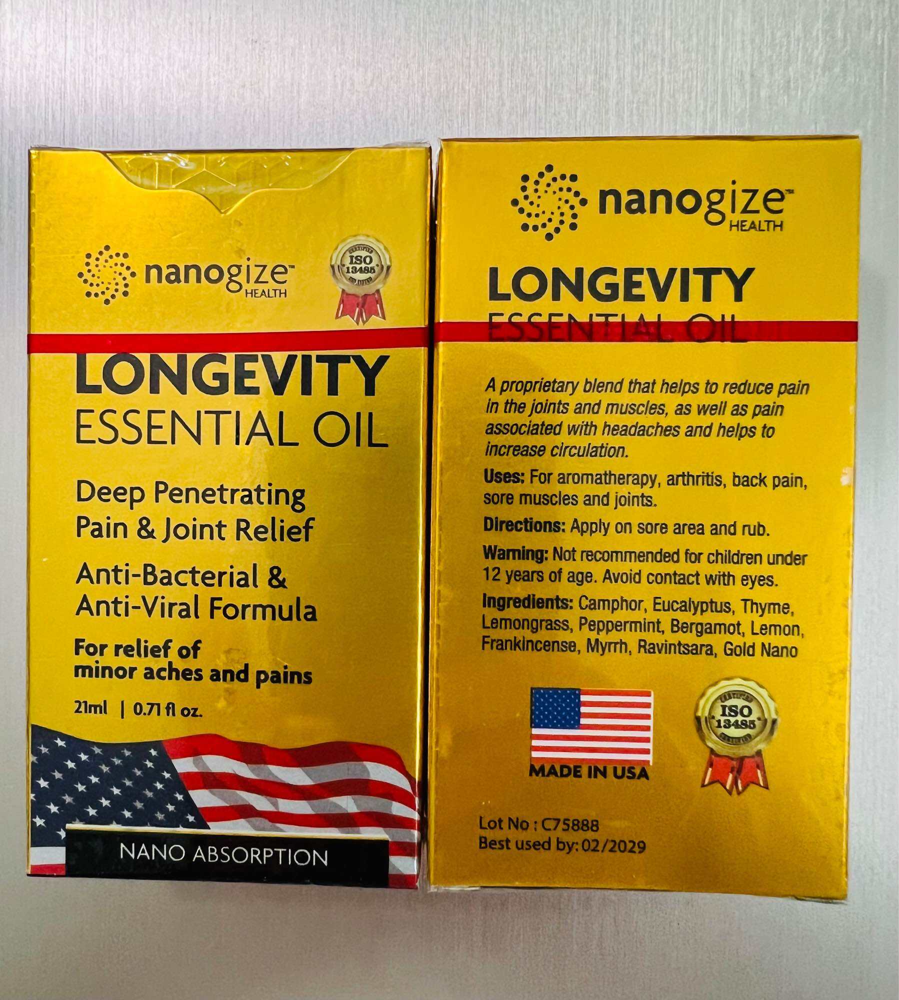 [Before 16/4] 2 DẦU NANOGIZE HEALTH LONGEVITY (MỸ) Date 2029-GIẢM ĐAU NHỨC, CẢM CÚM, DỊU NHẸ SƯNG, VIÊM và KEM XOA BÓP EQUATE 113,3G